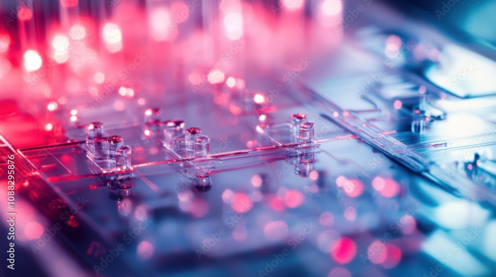 Fototapete an extreme close-up of a microfluidic lab-on-a-chip device, showing integrated channels and biochemi