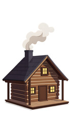 Fototapeta premium “Illustrated Cozy Cabin with Smoke from Chimney in 2D Flat Style PNG” – Home and Comfort Theme