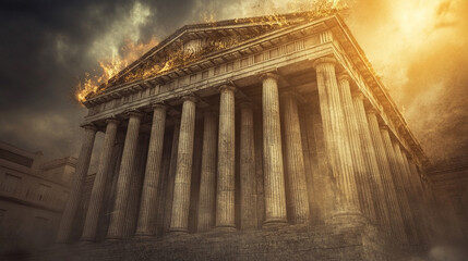A striking image of a toppled financial institution represented by crumbling pillars, dark clouds above, and scattered coins symbolizing economic instability, collapse, and uncertainty in financial sy