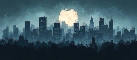 Dark cityscape with a full moon in the night sky.