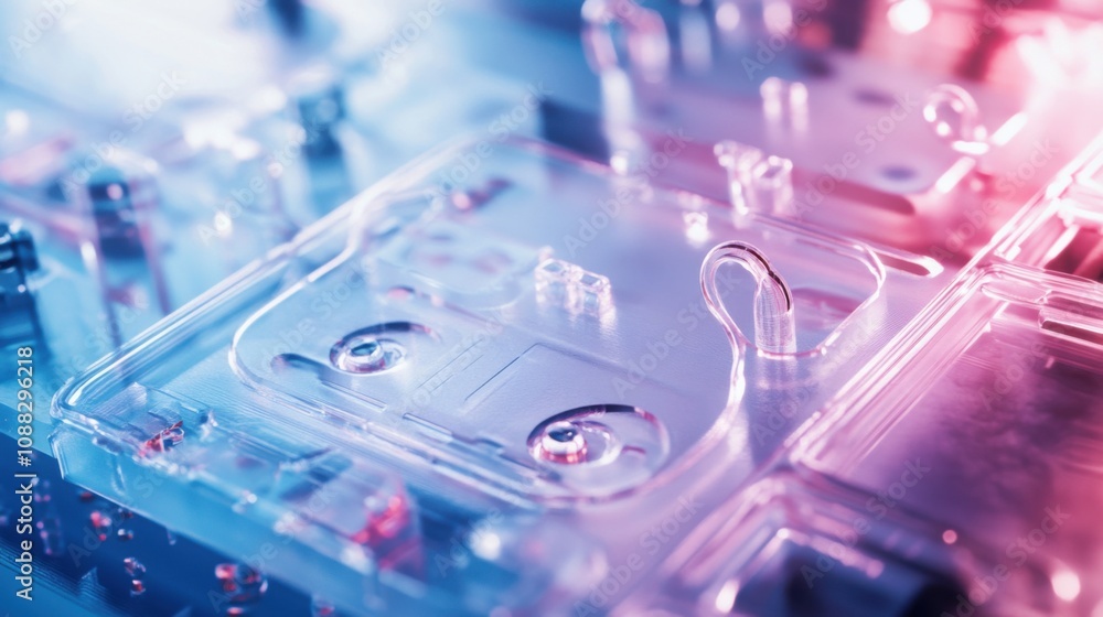 Poster an extreme close-up of a microfluidic organ-on-a-chip device, replicating human organ functions for 