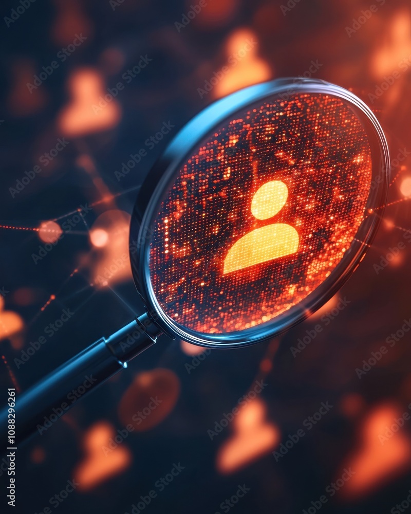 Poster a magnifying glass focuses on a glowing user icon amid a network of digital connections, symbolizing