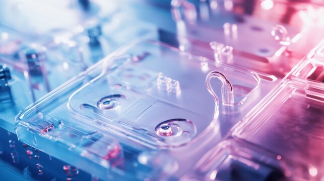 An extreme close-up of a microfluidic organ-on-a-chip device, replicating human organ functions for drug testing, Biomedical technology style