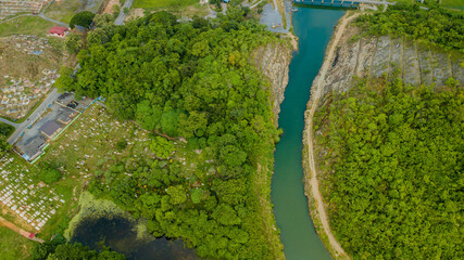 Breathtaking aerial drone view of waterway canal at Kampung Wai, Perlis, Malaysia