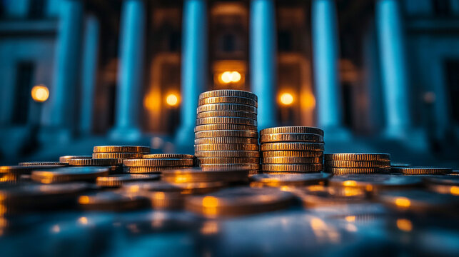 A striking image of a toppled financial institution represented by crumbling pillars, dark clouds above, and scattered coins symbolizing economic instability, collapse, and uncertainty in financial sy