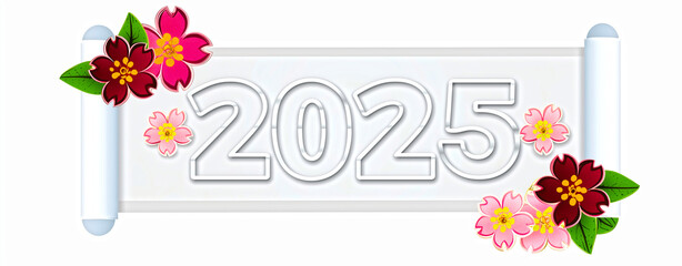 The word "2025" is written in white numbers on a white background, decorated with colorful flowers and leaves.