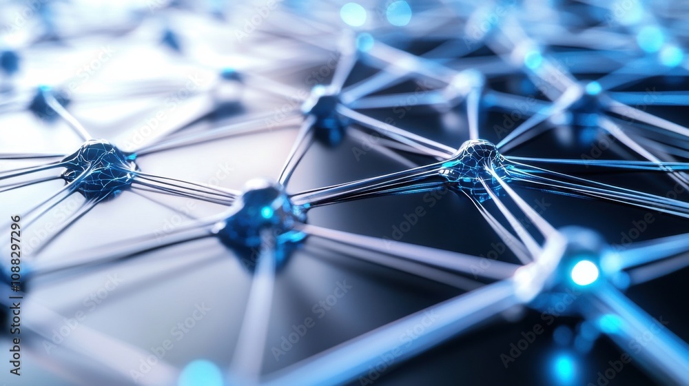 Poster An extreme close-up of a neural network in artificial intelligence, showing interconnected nodes and data processing pathways, AI technology style