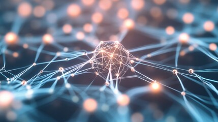 An extreme close-up of a neural network in artificial intelligence, showing interconnected nodes and data processing pathways, AI technology style