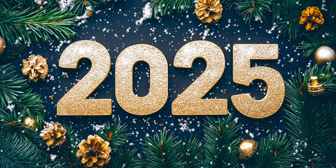 The golden number "2025" is written in large numbers on a dark blue background, surrounded by Christmas tree branches and gold-colored decorations.