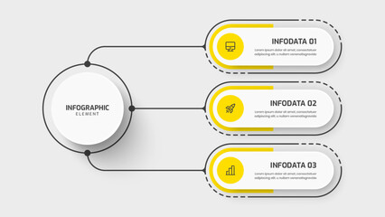 Business Central Circle Infographic Template with Yellow Color, 3 Options and Icon. Suitable for Presentations, Process Diagram, Workflow 