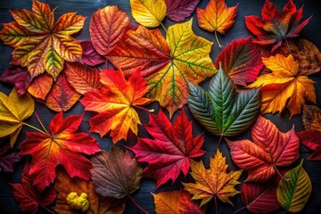 Vibrant Autumn Leaves on Dark Background - Colorful Fall Foliage, Nature's Palette, Panoramic Photography, Seasonal Beauty, Leafy Textures, Autumn Splendor, Nature's Artwork
