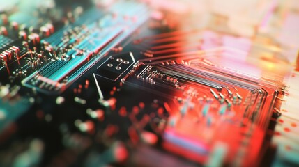 An extreme close-up of a photonic integrated circuit, demonstrating light manipulation for optical communication, Photonics technology style