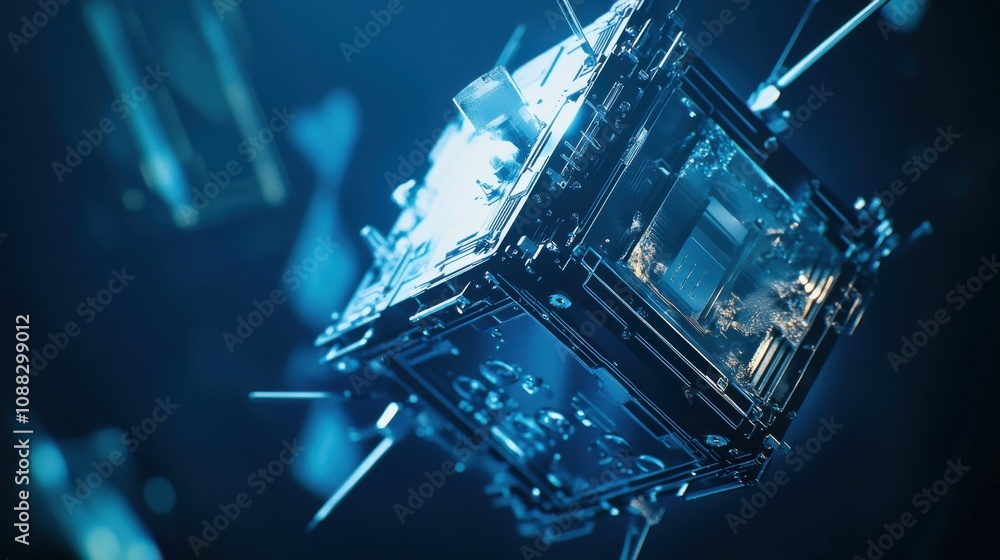 Poster an extreme close-up of a quantum communication satellite payload, demonstrating secure quantum key d