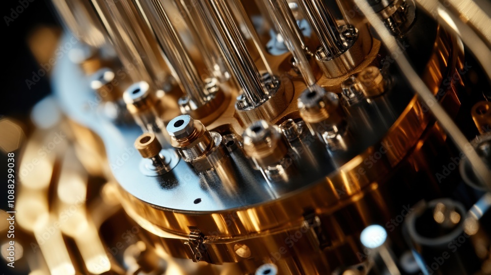 Poster An extreme close-up of a quantum computer's superconducting qubits and cryogenic cooling system, Quantum computing hardware style, photo of