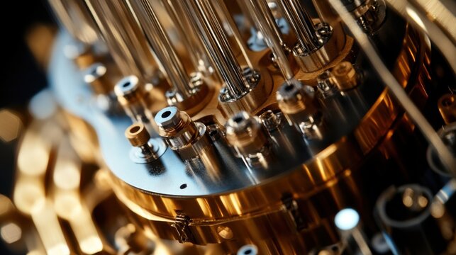An extreme close-up of a quantum computer's superconducting qubits and cryogenic cooling system, Quantum computing hardware style, photo of