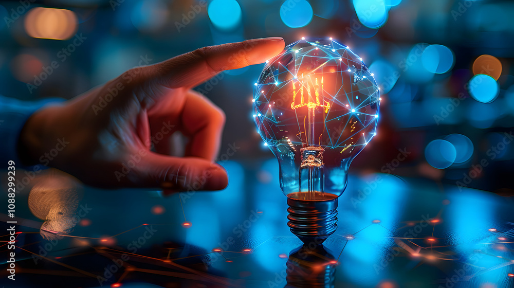 Poster artificial intelligence or ai of futuristic technology concept, lightbulb on table with finger point