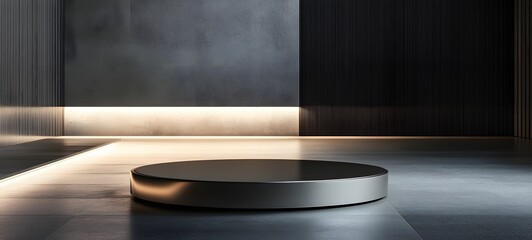 49. A sleek podium with a metal finish, illuminated by soft light, leaving an empty space in the center for a product.