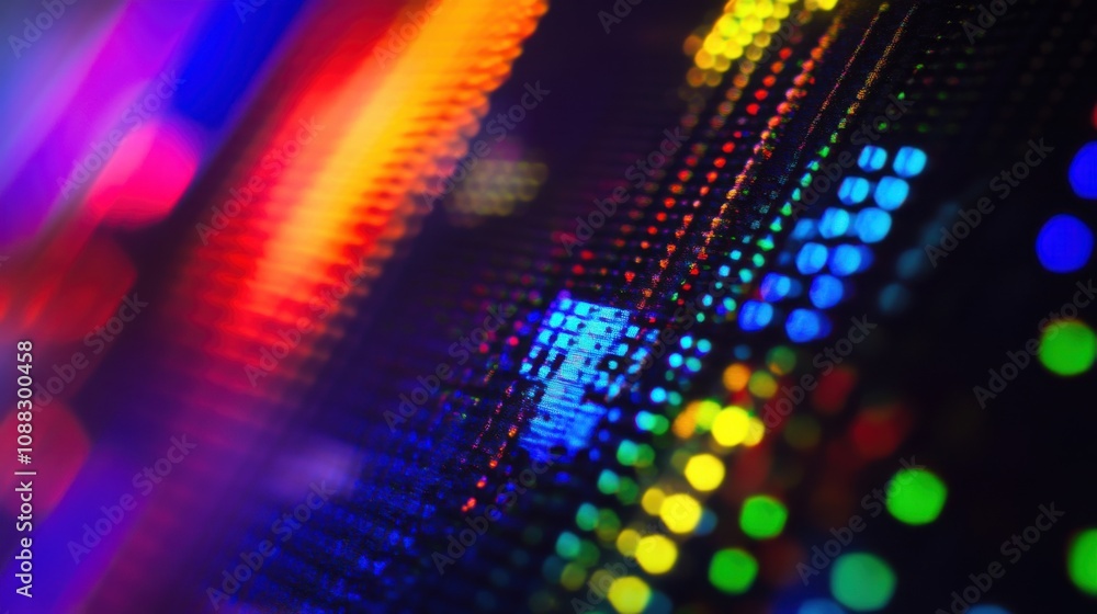 Poster an extreme close-up of a quantum dot led display pixel, demonstrating vibrant colors and energy-effi