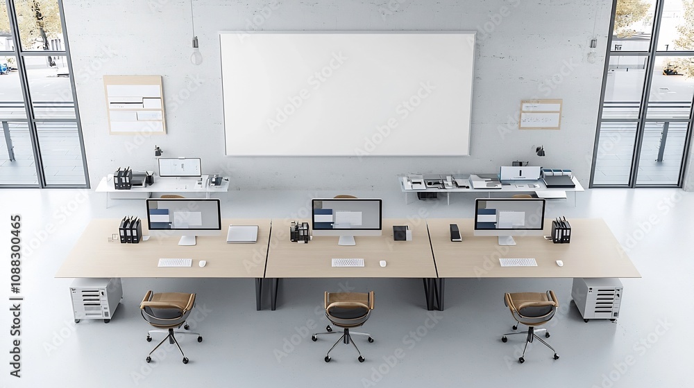 Aufkleber Aerial overhead shot of a spacious minimalist and modern office workspace featuring a long table neatly arranged with multiple computers professional equipment and accessories creating an organized