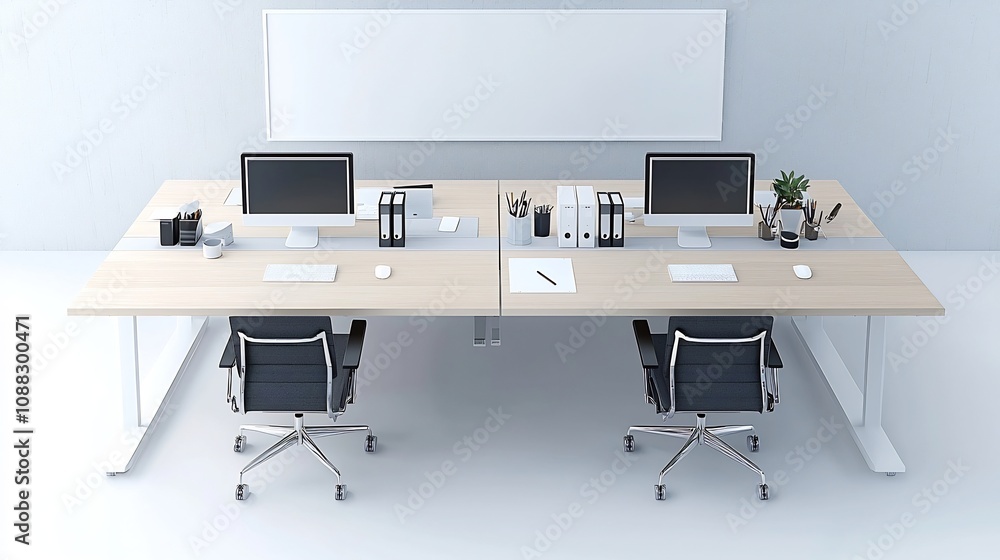 Poster Overhead 3D rendering of a clean and efficient modern office workspace setup  A long table with multiple computer workstations and essential office equipment