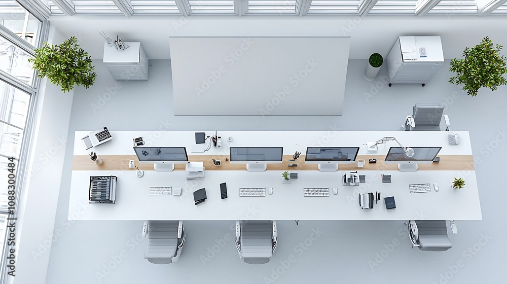 Aufkleber aerial overhead shot of a spacious sleek and organized modern office workspace featuring a long tabl