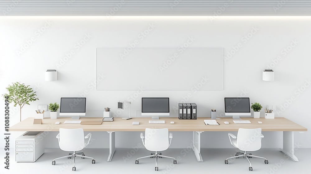 Leinwandbilder aerial view of a well organized contemporary office setup with a row of computers on a long desk a b