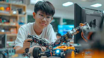 Asian teenager students doing robot arm and robotic cars homework project in house using computers and coding. technology of robotics programing and STEM education concept