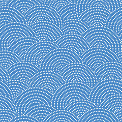 Fish-scale irregular mosaic background. Seamless Japanese style Half-circle grid dotted pattern. Oriental Asian wavy ornament. Abstract geometric monochrome vector texture. © Evgeniya Khudyakova