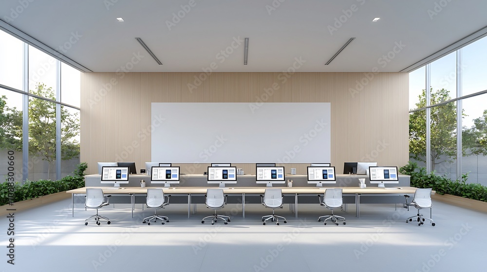 Poster Aerial 3D rendering of a modern minimalist office workspace with neatly arranged computers on a long desk showcasing a professional and comfortable working environment