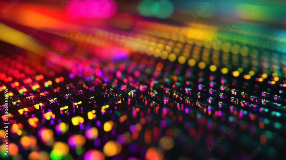 Poster An extreme close-up of a quantum dot LED display showing high-resolution images and vibrant color reproduction, Quantum dot display technology style, photo of