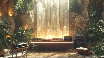 a virtual background for zoom with a music production studio with synths and esoteric crystals