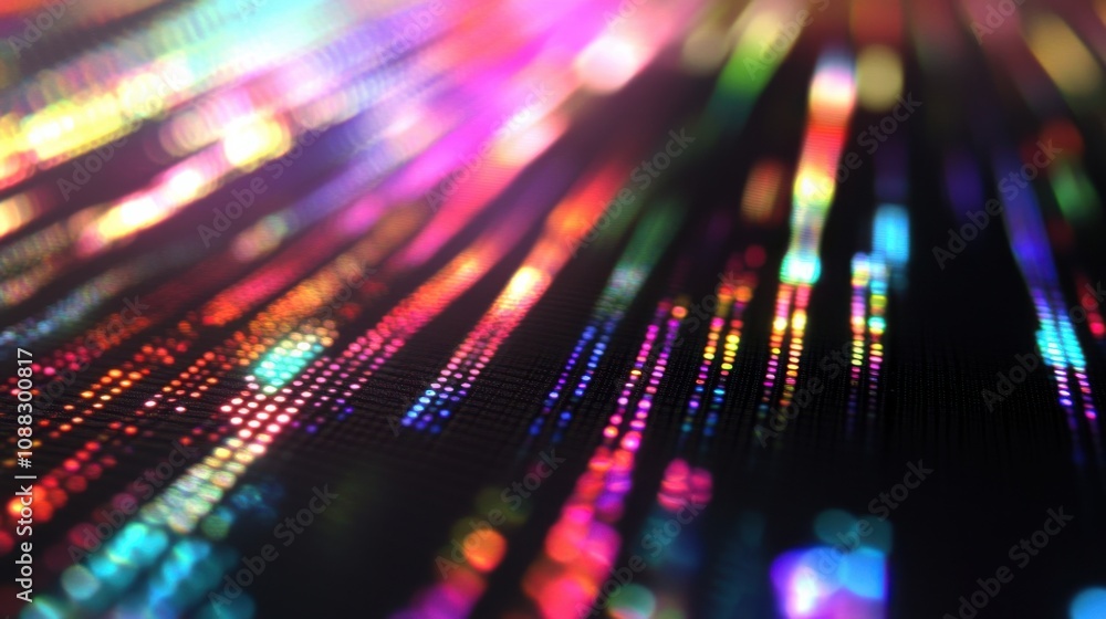 Poster An extreme close-up of a quantum dot LED display showing high-resolution images and vibrant color reproduction, Quantum dot display technology style, photo of