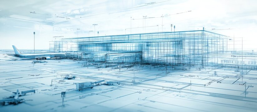 Architectural blueprint of a modern airport terminal building with a plane on the tarmac, all rendered in 3D.