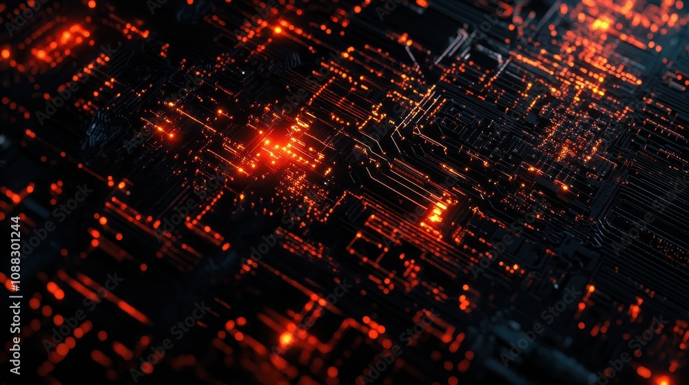 Poster abstract digital circuit with glowing elements, representing technology and innovation.