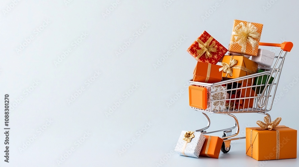 Poster vibrant shopping cart filled with an array of beautifully wrapped new year s gift boxes in various s