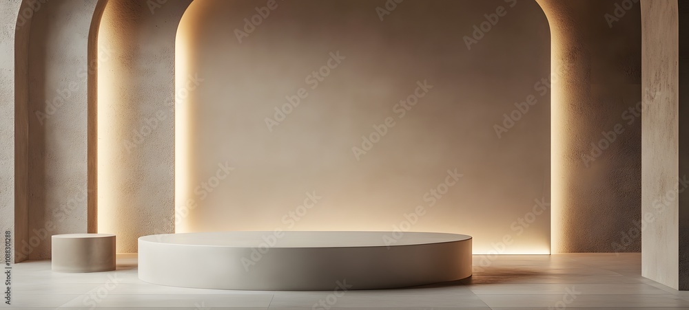 Poster 35. a minimalist podium with soft lighting from the sides, set against a neutral background, creatin