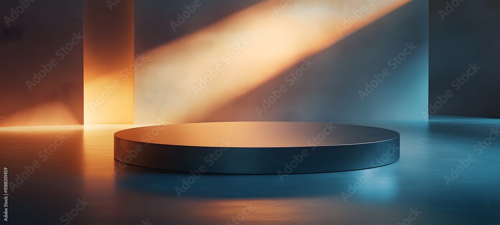 Poster 36. a podium with a glossy surface and soft lighting, casting shadows that create space around the p