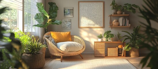 Fototapeta premium Cozy living room with a wicker armchair, plants, and a large picture frame.