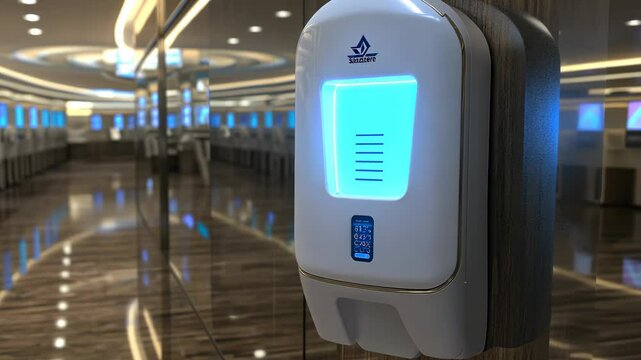 The image features a stylish, white automatic hand sanitizer dispenser affixed to a wooden wall