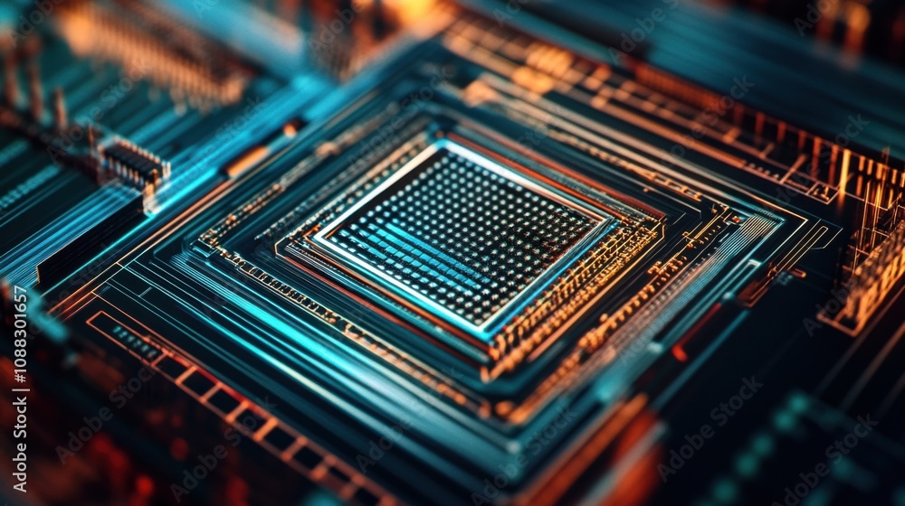 Poster An extreme close-up of a quantum processor chip, showing superconducting qubits and quantum computing architecture, Quantum computing style