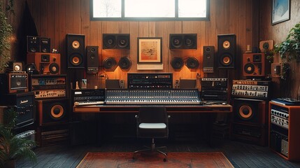 a virtual background for zoom with a music production studio with synths and esoteric crystals