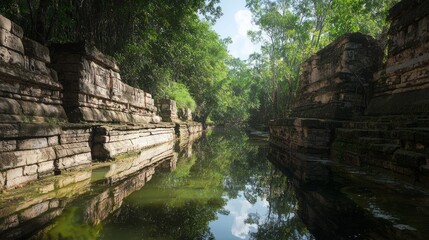 Serene Mayan Civilization: Tranquil Riverbank with Ancient Stone Structures Reflecting Sky & Wildlife - Ultra-Detailed Photo
