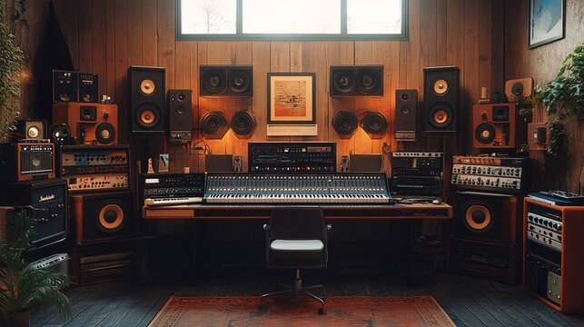 a virtual background for zoom with a music production studio with synths and esoteric crystals
