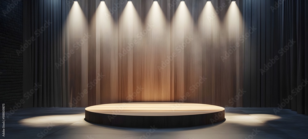 Poster 37. a smooth wooden podium under soft spotlights, surrounded by a minimalist backdrop, creating an o