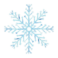 Blue snowflake. Hand drawn watercolor illustration for New Year holiday design. Element winter ornament. Christmas decoration in vintage stile. Isolated clipart for postcard, invitation, print