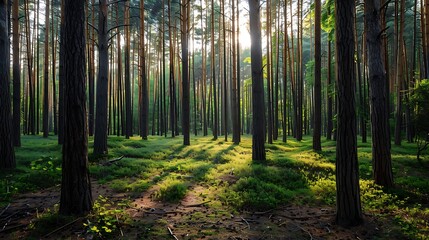 Fototapeta premium A dense forest with towering pine trees, the ground covered in a soft layer of pine needles.