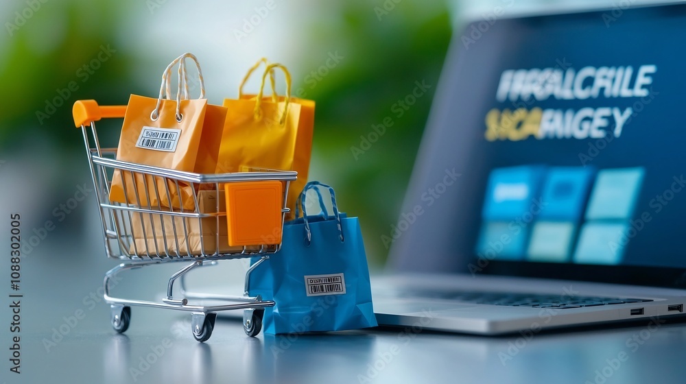 Poster small shopping cart filled with bright bags and fragile marked boxes placed in front of a laptop sho