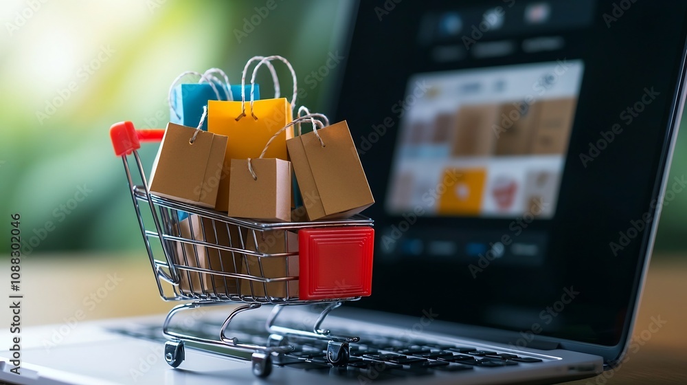 Fototapete miniature shopping cart overflowing with colorful shopping bags and labeled cardboard boxes set agai