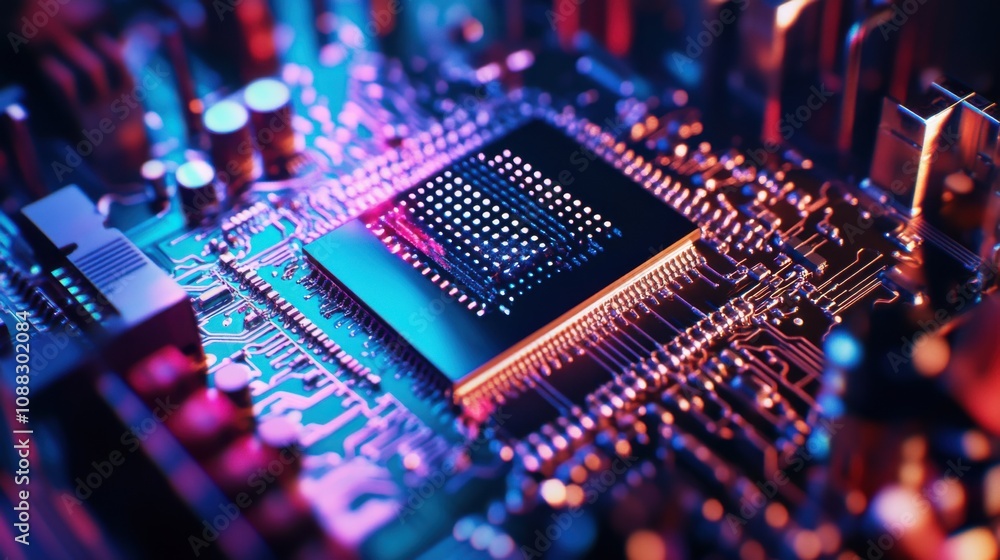 Poster An extreme close-up of a quantum processor chip with qubits in a cryogenic environment, Quantum processor technology style, photo of