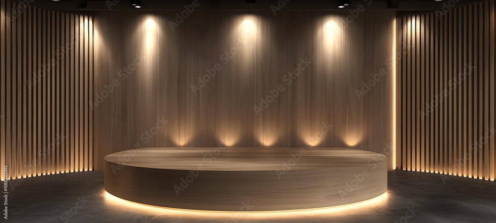Poster 37. a smooth wooden podium under soft spotlights, surrounded by a minimalist backdrop, creating an o